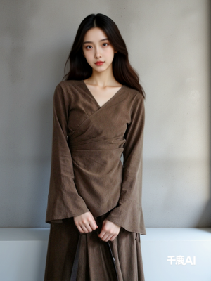 中式风v领套装女