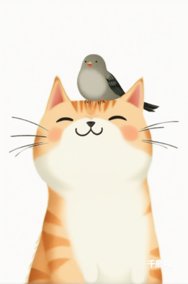治愈系插画-猫咪和小鸟