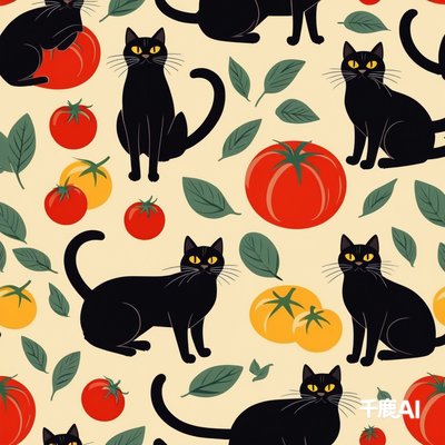 四方连续图|番茄黑猫|印花贴纸图案设计